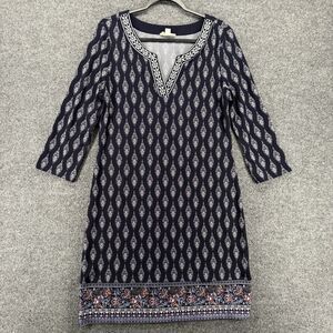 Magnolia Grace Dress Womens M Blue Print V-Neck Shift Boho Casual Chic Vacation